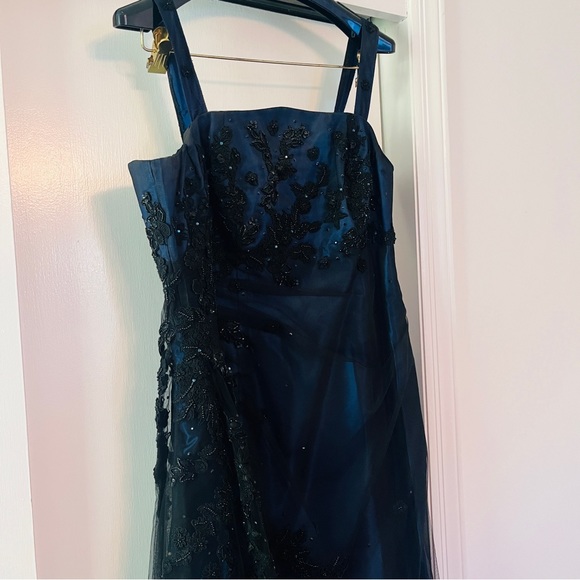 San Carlin Dresses Vintage Navy Embroidered Tulle and Iridescent Satin Maxi Gown - Picture 10 of 15